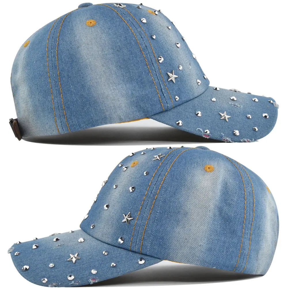 Denim Baseballkappe Damen | Vintage-Cap mit Rivet Star | Snapback Baseballcap für Damen & Herren | Sommer Outdoor Freizeit Kaufschwan®