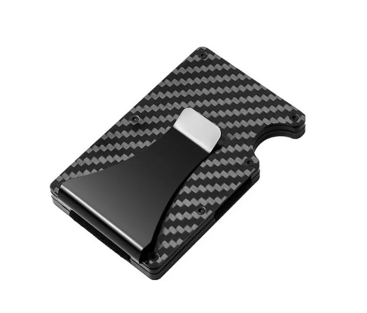 Minimalistische Geldbörse für Herren – RFID Aluminium Metall Wallet mit Geldklammer & Geldband (Carbonfaser Kartenhalter) Kaufschwan® Schwarz