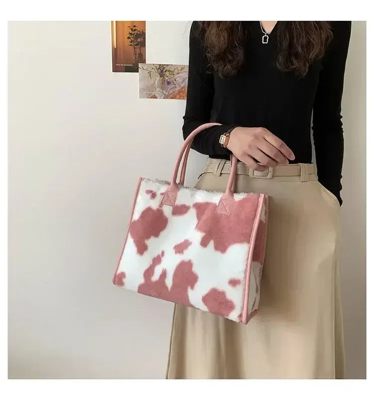 Damen Handtasche aus Weichem Plüsch – Winter Tote mit Leoparden- & Kuhmuster | Flauschige PU Leder Unterarm Schultertasche Kaufschwan®
