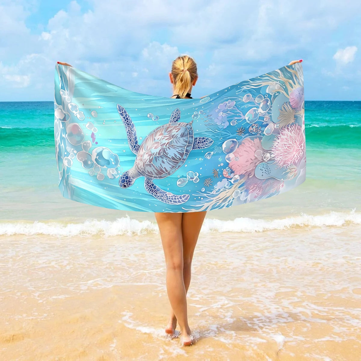 Großes Strandtuch mit Ozean-Motiv – Schildkröte, Seestern & Muschel Print | Schnell Trocknendes Saugfähiges Mikrofaser Strandtuch Kaufschwan®