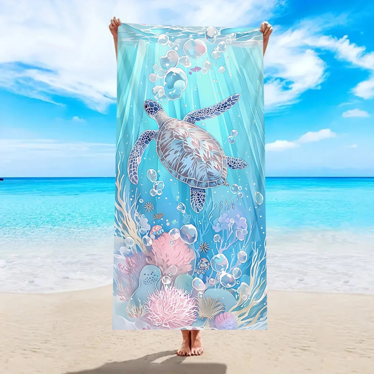 Großes Strandtuch mit Ozean-Motiv – Schildkröte, Seestern & Muschel Print | Schnell Trocknendes Saugfähiges Mikrofaser Strandtuch Kaufschwan® Design 2 150x75cm