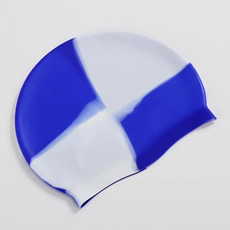 Silikon Schwimmkappe – Wasserdicht & Elastisch | Badehaube für Lange Haare | Unisex Schutzkappe für Schwimmbad & Training Kaufschwan® Weiß und Blau
