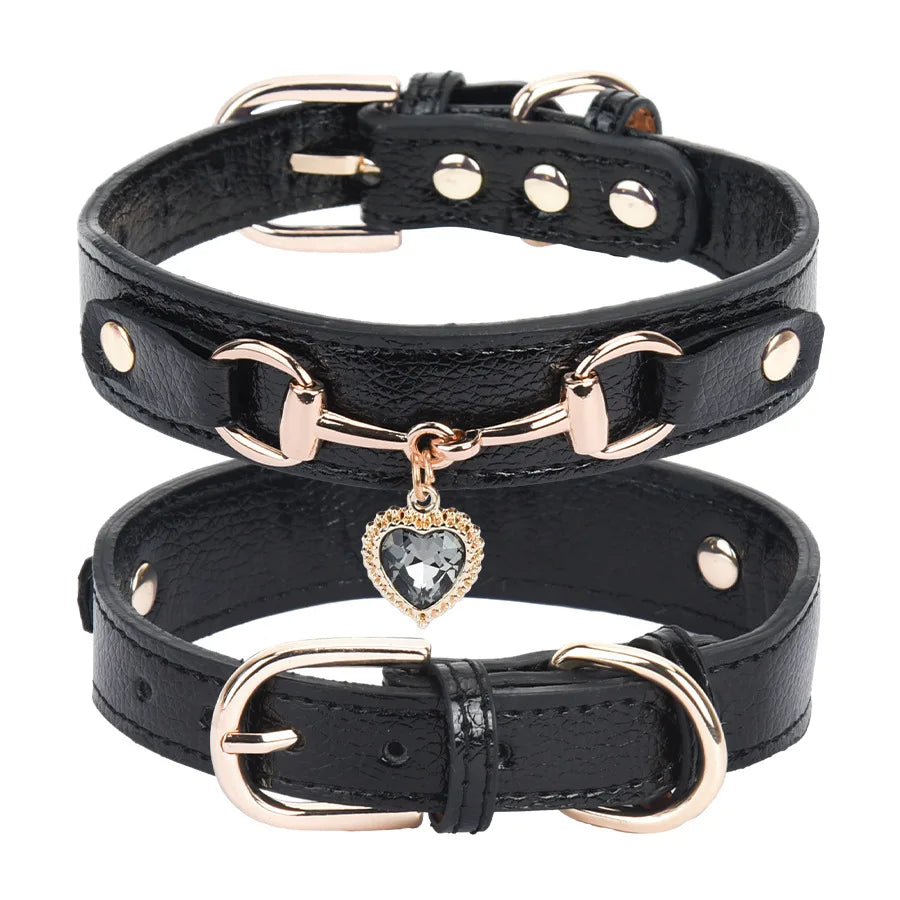Glänzendes Strass Hundehalsband Love Design Leder Verstellbar Stilvolles Schmuck Halsband für Hunde Kaufschwan® Schwarz XS