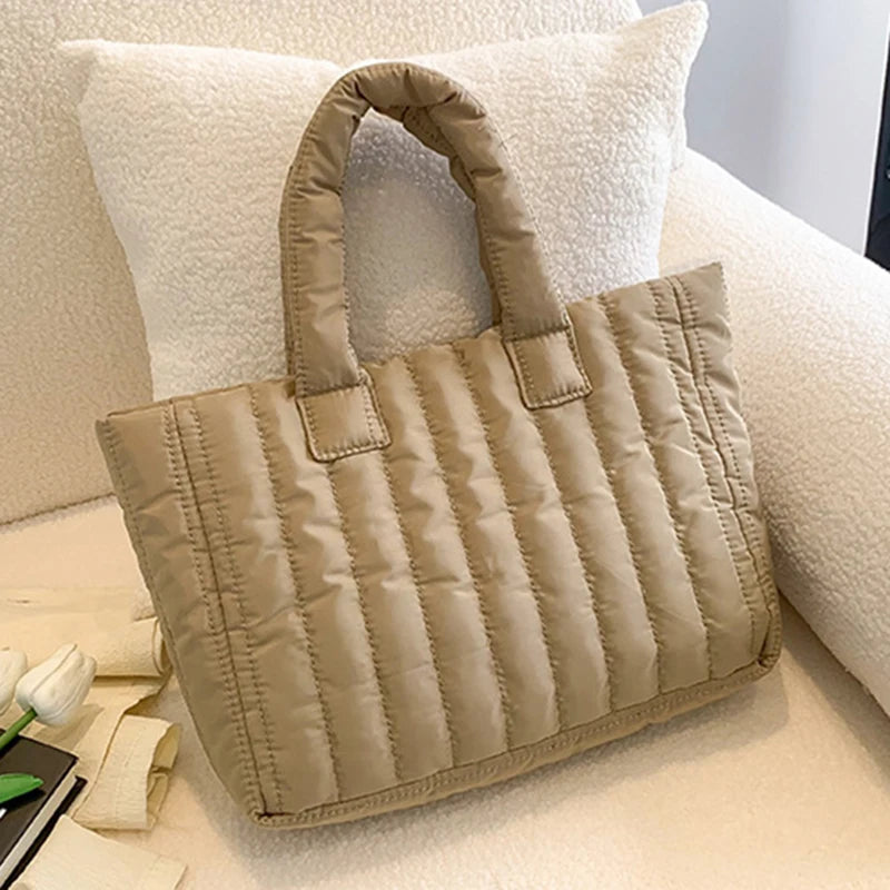 Damen Tote Bag – Gestepptes Nylon mit Baumwollpolsterung | Einfarbige Casual Fashion Schultertasche Kaufschwan® Beige