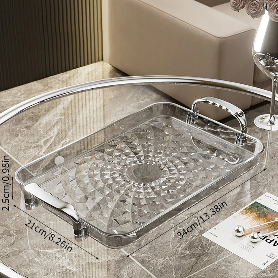 Transparentes Luxus-Serviertablett – Kunststoff Obst- & Desserttablett mit Griff, Dekoratives Aufbewahrungs- & Küchen-Organizer-Tablett Kaufschwan® Silber L