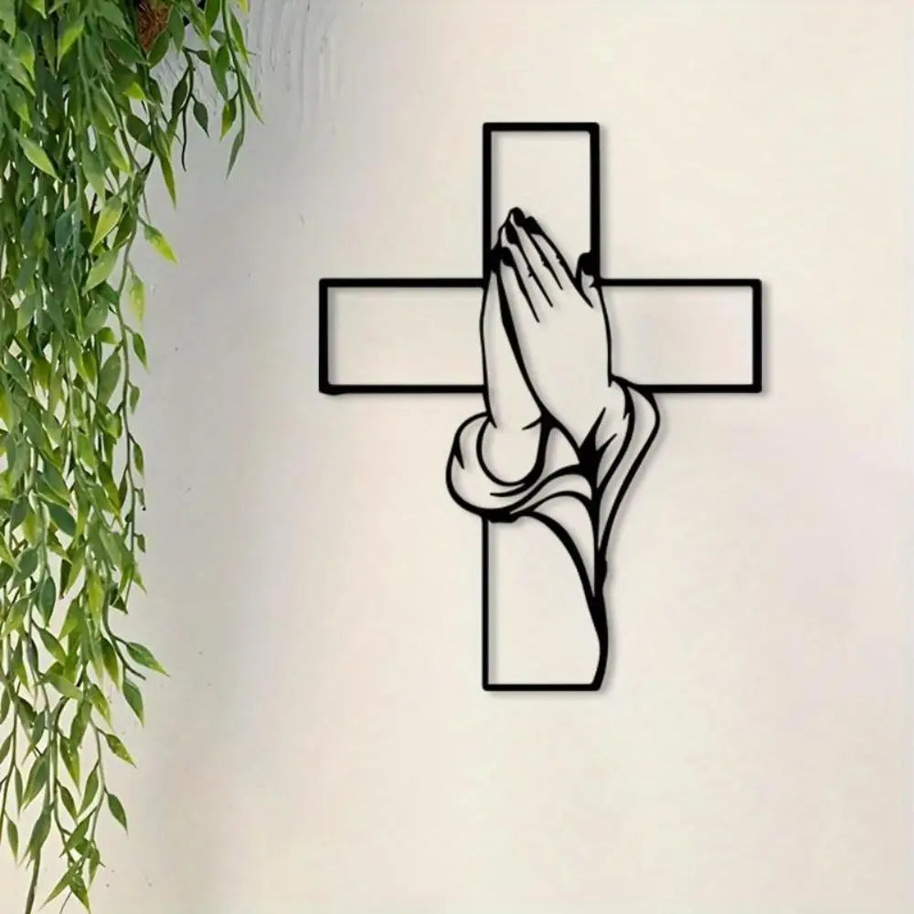 Gusseisen Kreuz Wanddekoration – Modernes Religiöses Metall Wandbild mit Betenden Händen Kaufschwan®