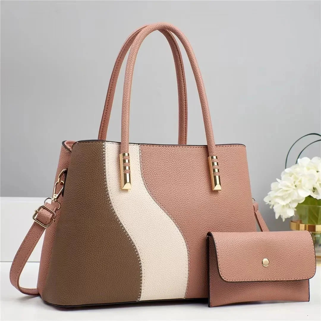 Große Modische Damenhandtasche im Farbblock Design – Sommer Schulter- & Crossbody Tasche mit Weichem Polyesterfutter Kaufschwan® Rosa 33cm x 13cm x 25cm