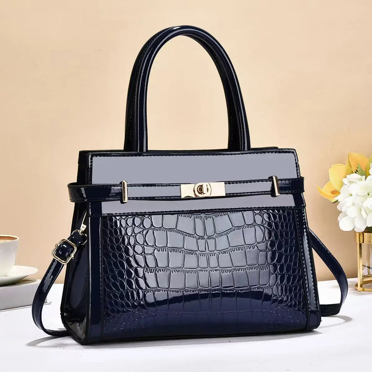 Stilvolle Damenhandtasche mit Kroko Muster – Große Mom Bag | Trendige PU Leder Pendler Schultertasche Kaufschwan® Blau