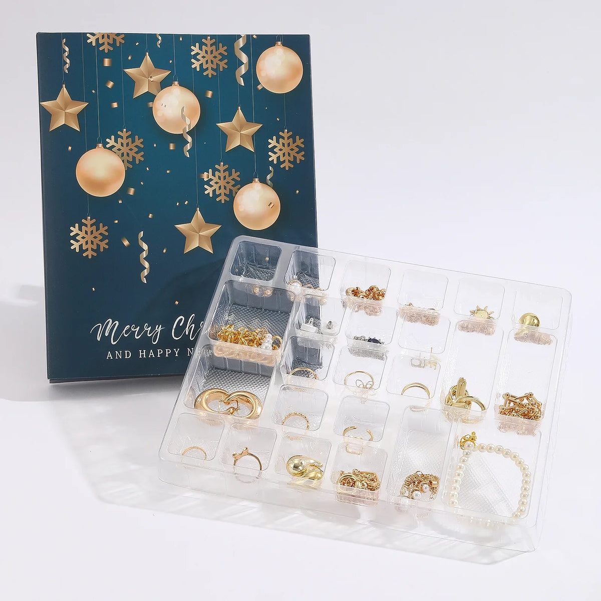 Goldfarbener Schmuck-Adventskalender – 24-Tage-Weihnachtskalender mit Halsketten, Armbändern & Ohrringen