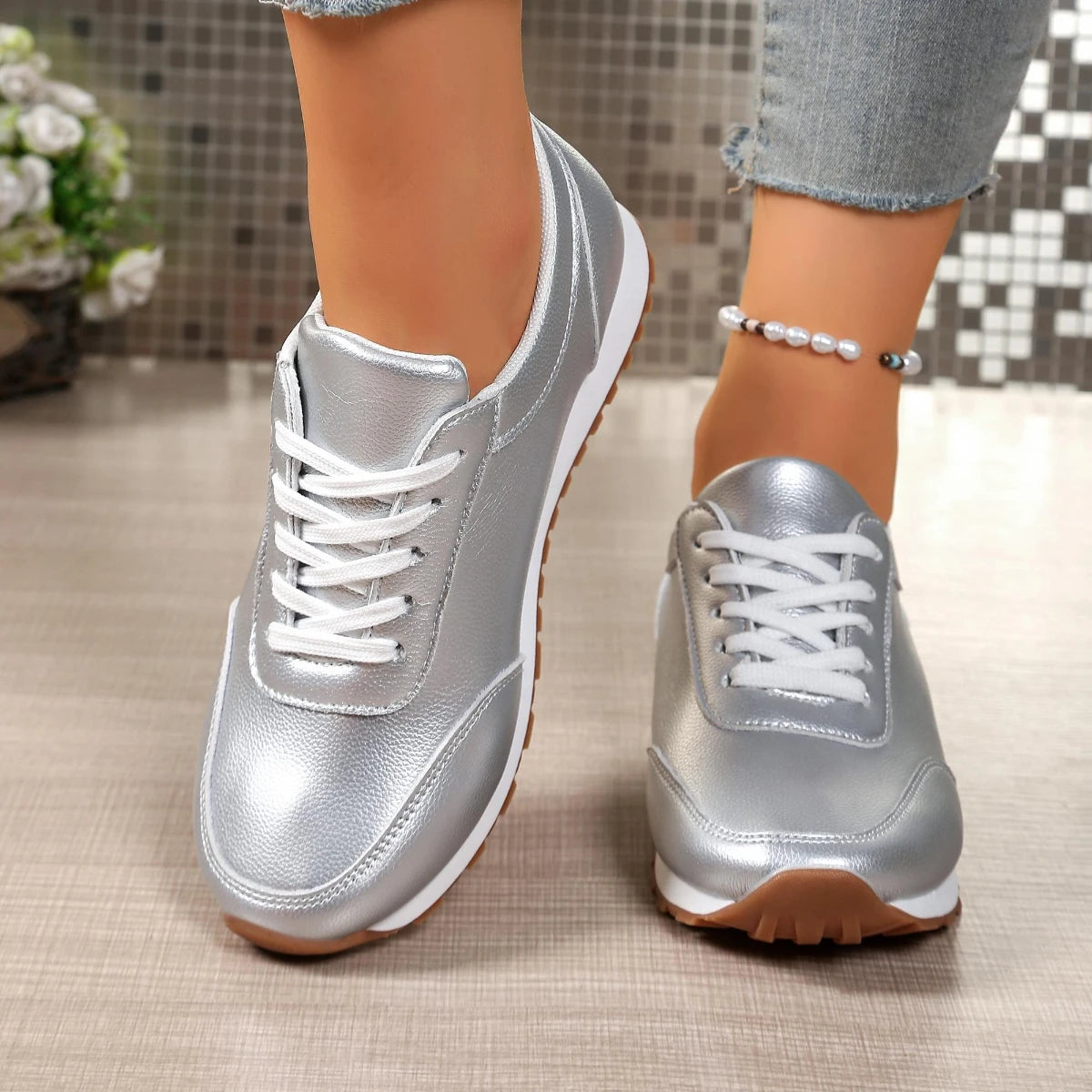 Damen Leder-Sneaker – Bequeme Schnürschuhe | Runde Zehenform, Flache Low-Top Schuhe für Frühling & Herbst Kaufschwan®