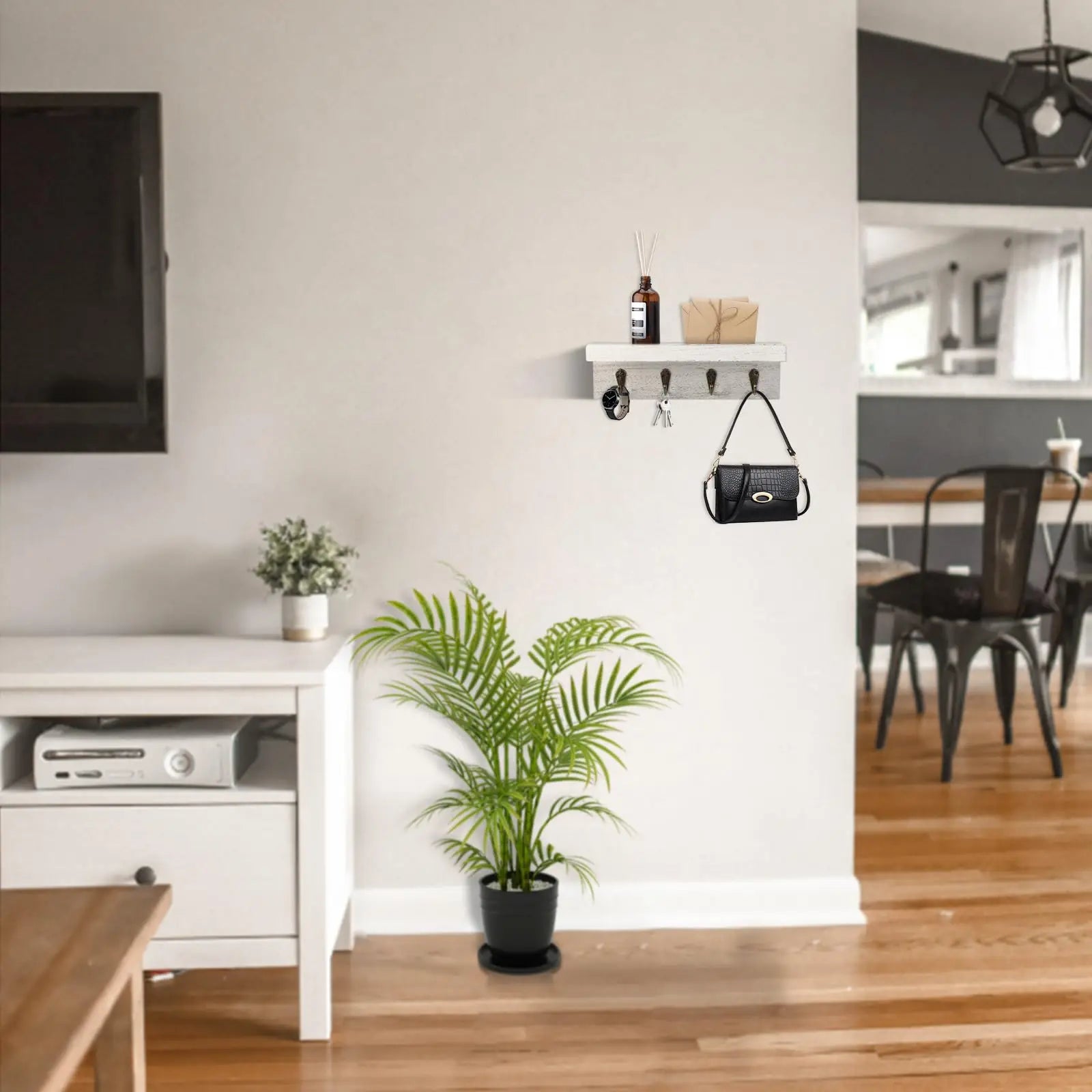 Rustikaler Holz Schlüsselhalter für die Wand – Landhausstil Wandregal | Wandmontierter Organizer mit 4 Metallhaken für Schlüssel & Deko Kaufschwan®