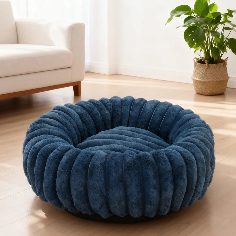 Indoor Hundebett – Cordstoff & Kunstfell Donut Bett mit Anti-Rutsch Boden Kaufschwan® Dunkelblau 40cm