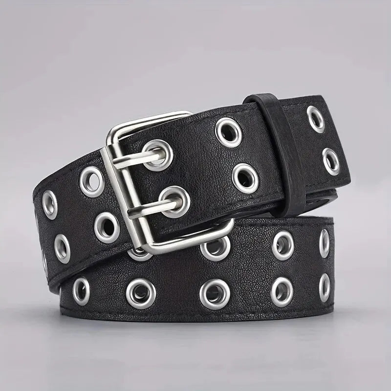 Unisex Doppel-Loch Gürtel – Punk Hip Hop Rock Stil | Trendiger Verstellbarer Gürtel für Männer & Frauen, Subkultur Modeaccessoire Kaufschwan® Schwarz 110cm