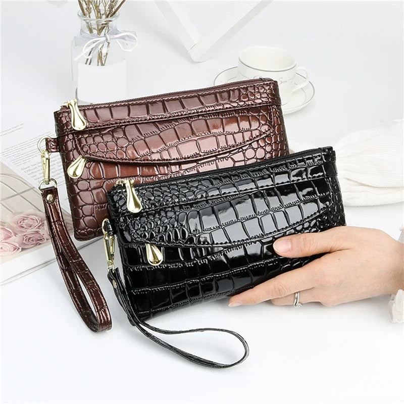 Damen Langbörse aus Leder – Doppelreißverschluss Clutch Tasche | Elegante Krokodil Muster Geldbörse in Rot Kaufschwan®