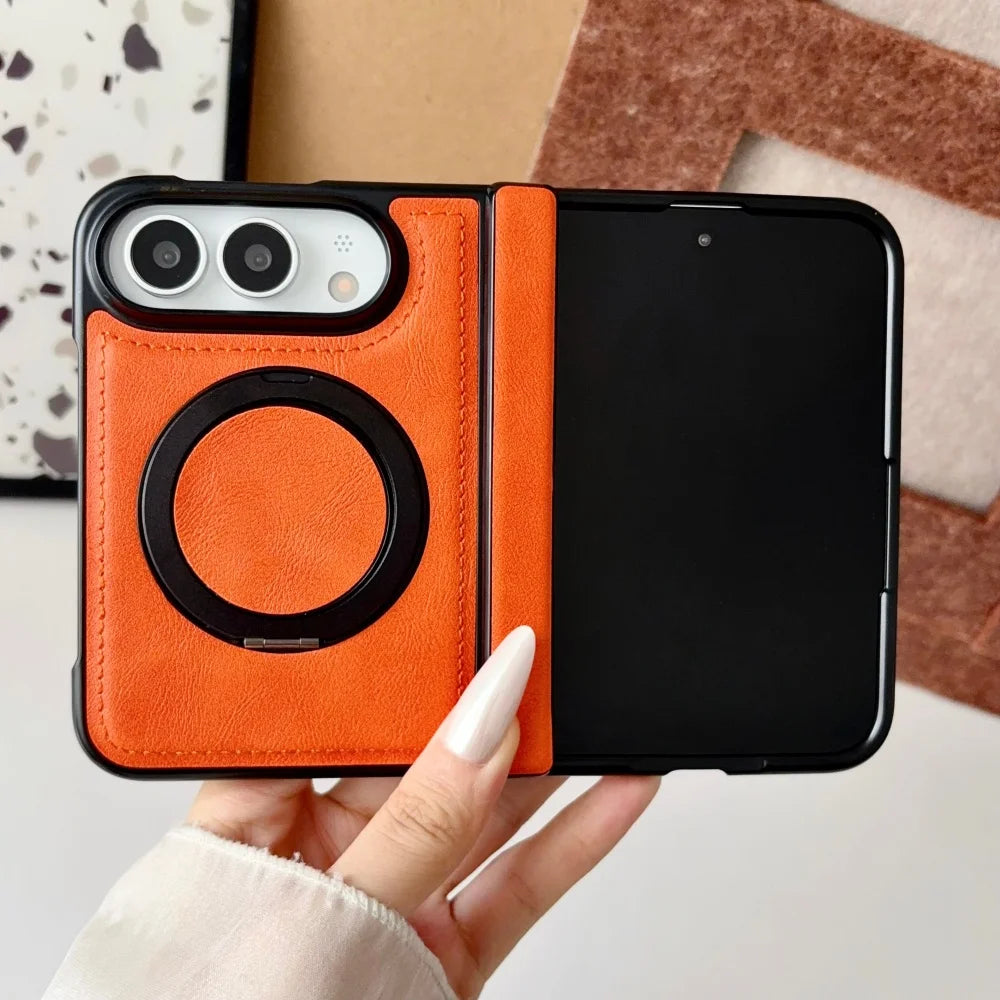 Luxuriöse Retro-Schutzhülle in Lederoptik für iPhone Duo – Magnetische MagSafe-Kompatible Hülle mit Drehbarem Ständer und Stoßschutz Kaufschwan®