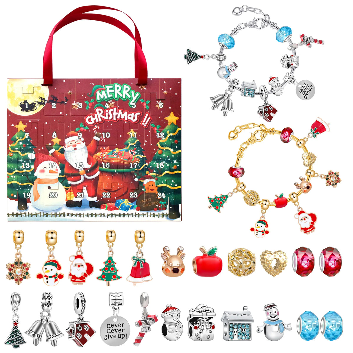 Weihnachts-Adventskalender mit Armband-Bastelset – Schneemann- & Weihnachtsmann-Geschenkbox für Mädchen