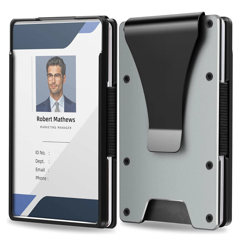 Minimalistische Geldbörse für Herren – Schlanke Aluminium Metall Geldbörse mit Geldklammer & Klarem ID-Fach | Platz für bis zu 15 Karten Kaufschwan® Grau