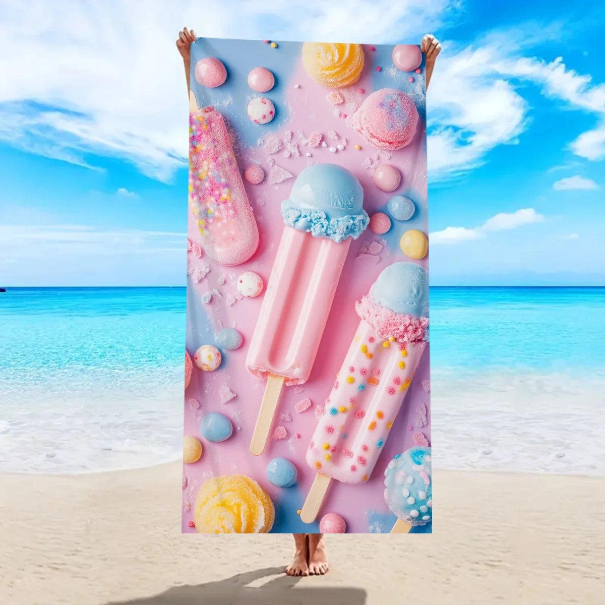 Strandtuch mit Eiscreme-Motiv – Schnell Trocknendes & Saugfähiges Mikrofaser Handtuch | Lustiges Sommer Handtuch für Reisen, Sport & Yoga Kaufschwan® Design 5 150x75cm