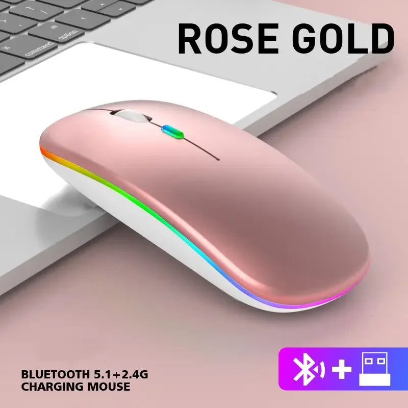 2.4GHz & Bluetooth 5.2 Kabellose Leuchtende Maus – USB Wiederaufladbare 1600DPI Tragbare Gaming Maus für Tablet, Handy & Computer Kaufschwan® Rose