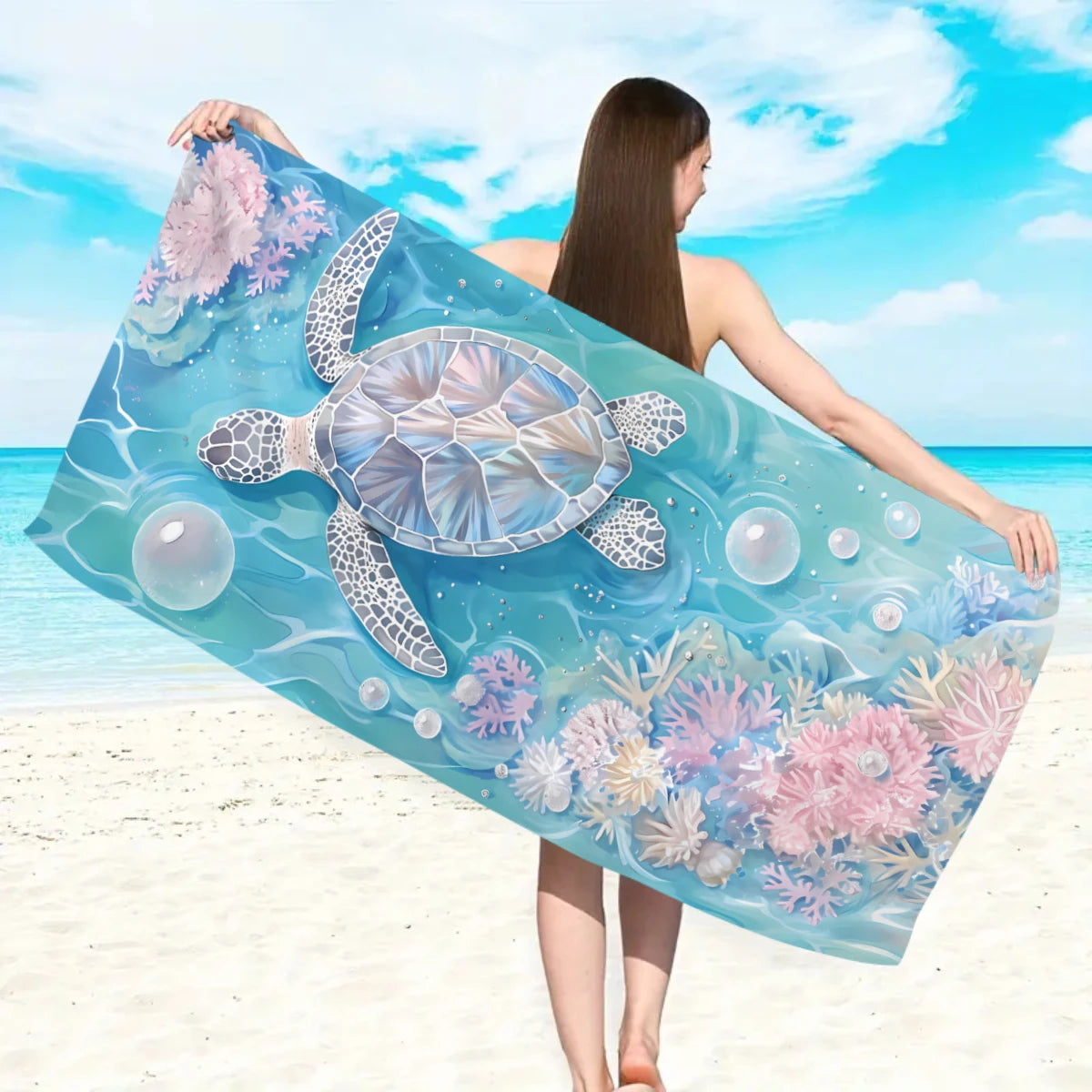 Großes Strandtuch mit Ozean-Motiv – Schildkröte, Seestern & Muschel Print | Schnell Trocknendes Saugfähiges Mikrofaser Strandtuch Kaufschwan®