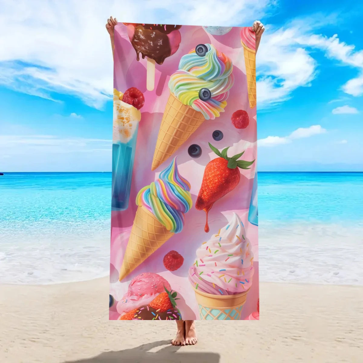 Strandtuch mit Eiscreme-Motiv – Schnell Trocknendes & Saugfähiges Mikrofaser Handtuch | Lustiges Sommer Handtuch für Reisen, Sport & Yoga Kaufschwan® Design 7 150x75cm