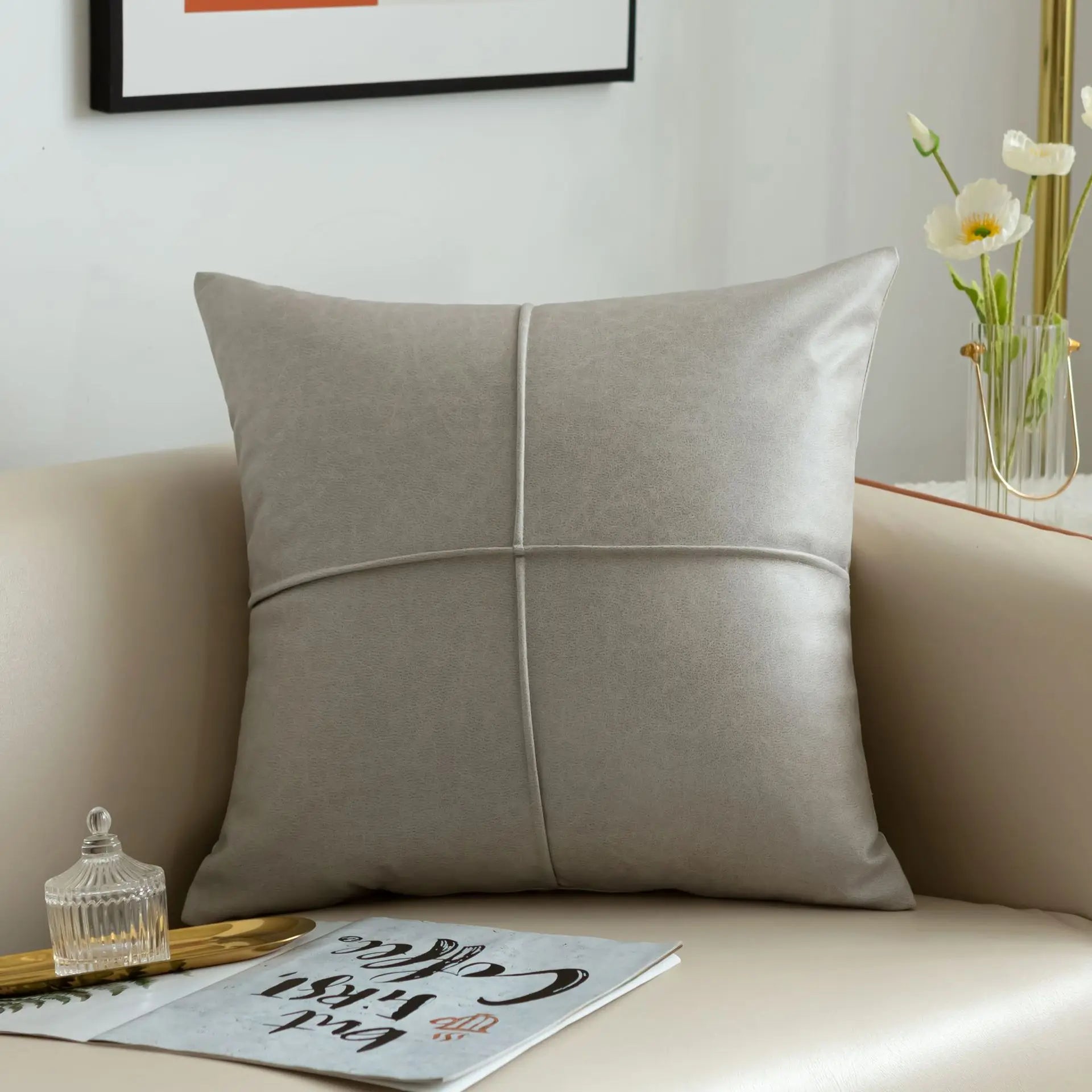 Luxus Kunstleder Dekokissen | Rechteckiges Sofakissen für Wohnzimmer Kaufschwan® Beige 45x45cm