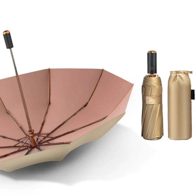 Luxus Gold Automatikschirm – Tragbarer Damen 3-Fach Faltbarer UV-Schutz Sonnenschirm, 10K Doppel-Lagen Winddichter Schirm für Mädchen Kaufschwan® Rosa