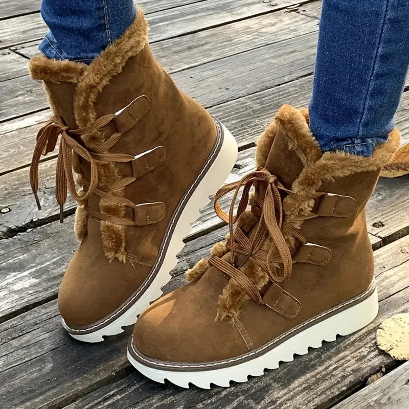 Damen Winter Schneestiefel – Wasserdichte Mittelhohe Schnürstiefel | Wärmeisolierte Outdoor Schuhe mit Kunstfell Futter & Rutschfester Sohle Kaufschwan® Braun 36