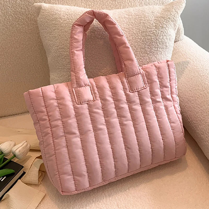 Damen Tote Bag – Gestepptes Nylon mit Baumwollpolsterung | Einfarbige Casual Fashion Schultertasche Kaufschwan® Pink