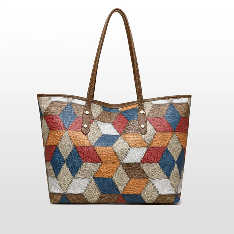Damenhandtasche mit Großem Fassungsvermögen – Lässige PU Leder Patchwork Tote | Modische Unterarm & Schultertasche Kaufschwan®