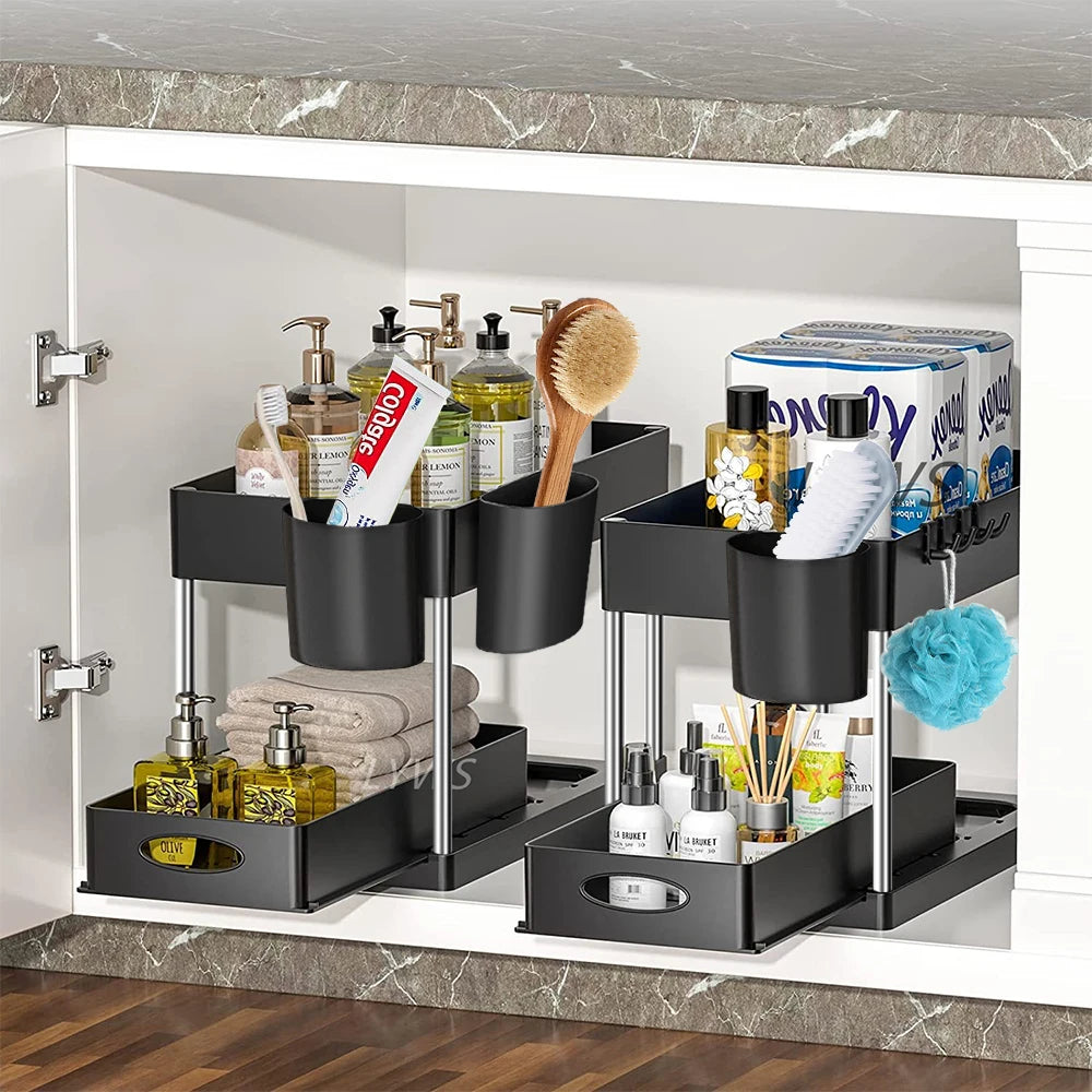 2-stufiger Unter-Spülbecken Organizer – Schiebbares Schrankregal mit Körben, Haken & Becher | Bad & Küchen Aufbewahrung Kaufschwan®