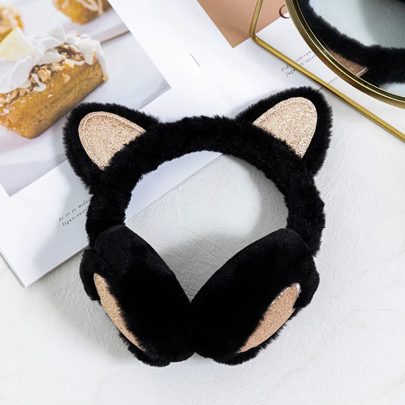 Herbst Winter Plüsch Ohrwärmer mit Katzenohren & Rosa Herz – Thermische Dicke Earmuffs für Kinder & Damen | Süß & Warm Kaufschwan® Schwarz