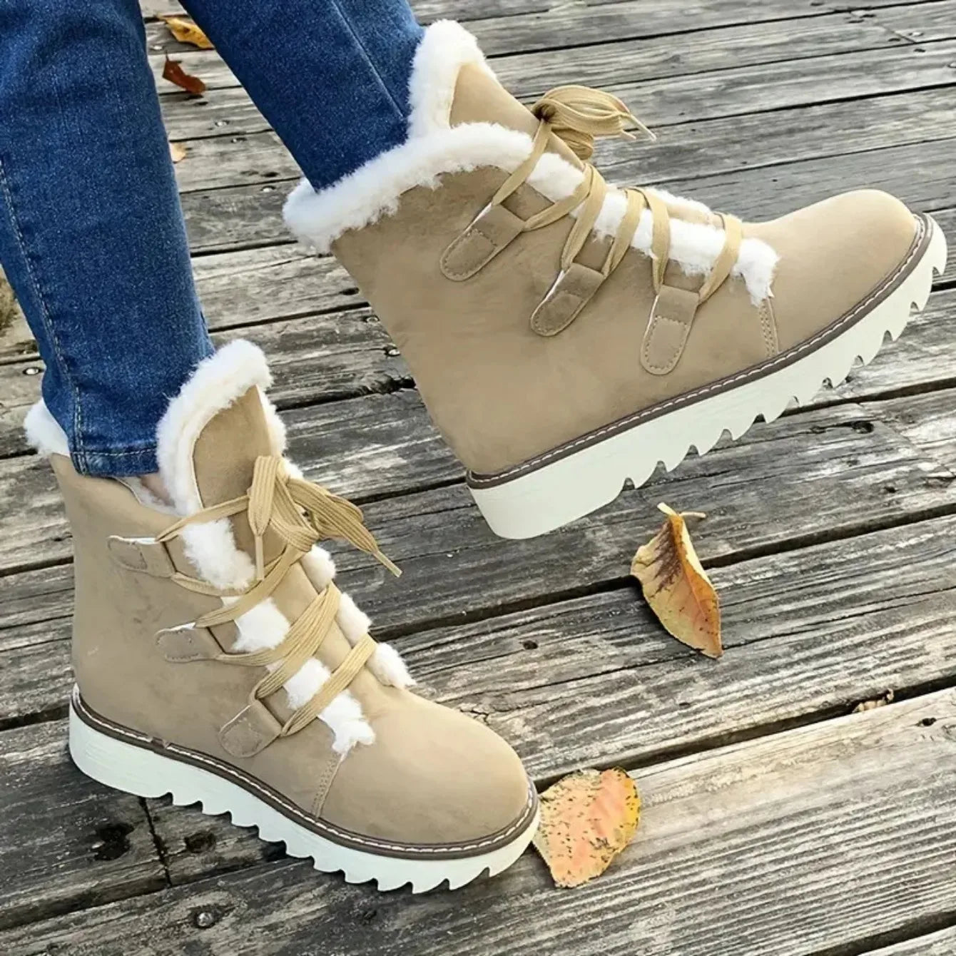 Damen Winter Schneestiefel – Wasserdichte Mittelhohe Schnürstiefel | Wärmeisolierte Outdoor Schuhe mit Kunstfell Futter & Rutschfester Sohle Kaufschwan®