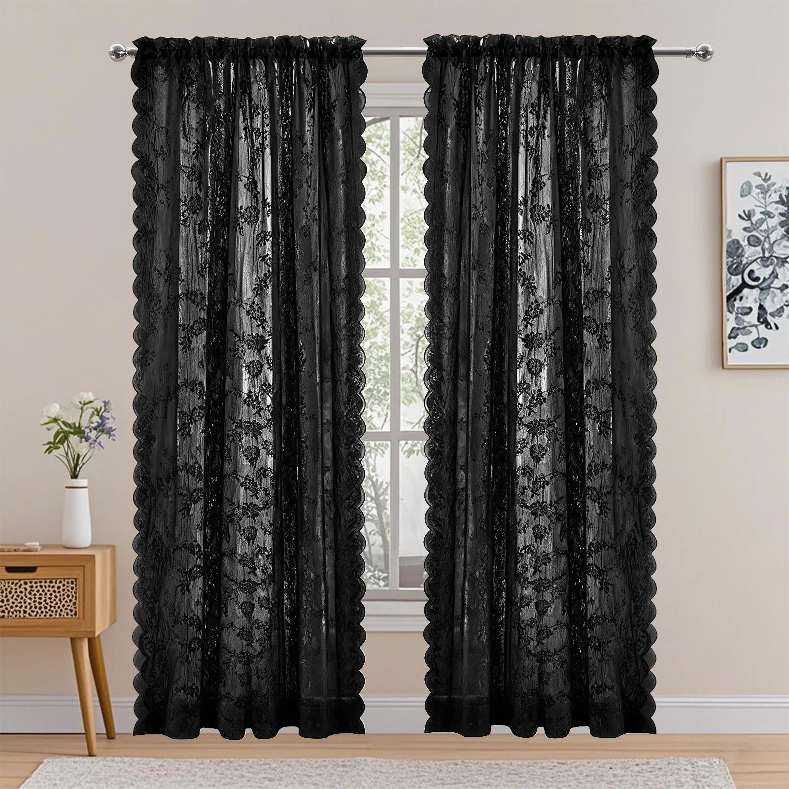 Vintage Spitze Floral Transparenter Vorhang mit Stangentasche Romantische Fenster Gardinen für Wohnzimmer 2 Stück/Set Kaufschwan®