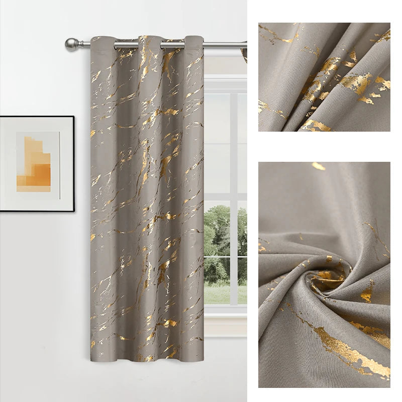 100% Verdunkelung Luxus Marmor Vorhang Set mit Goldfolie und Präziser Verarbeitung – Premium Wohn Deko Kaufschwan® Khaki-02 100X250CM-1 Stück Metallösen-Oberteil