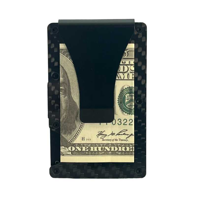 Minimalistische Geldbörse für Herren – RFID Aluminium Metall Wallet mit Geldklammer & Geldband (Carbonfaser Kartenhalter) Kaufschwan®