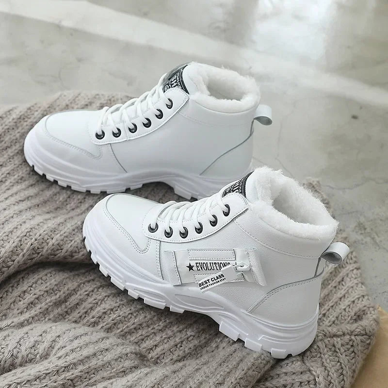 Damen Winter Schneestiefel – Warme High-Top Plateau Sneakers | Kunstfell Gefütterte Knöchelstiefel Kaufschwan® Weiß 36