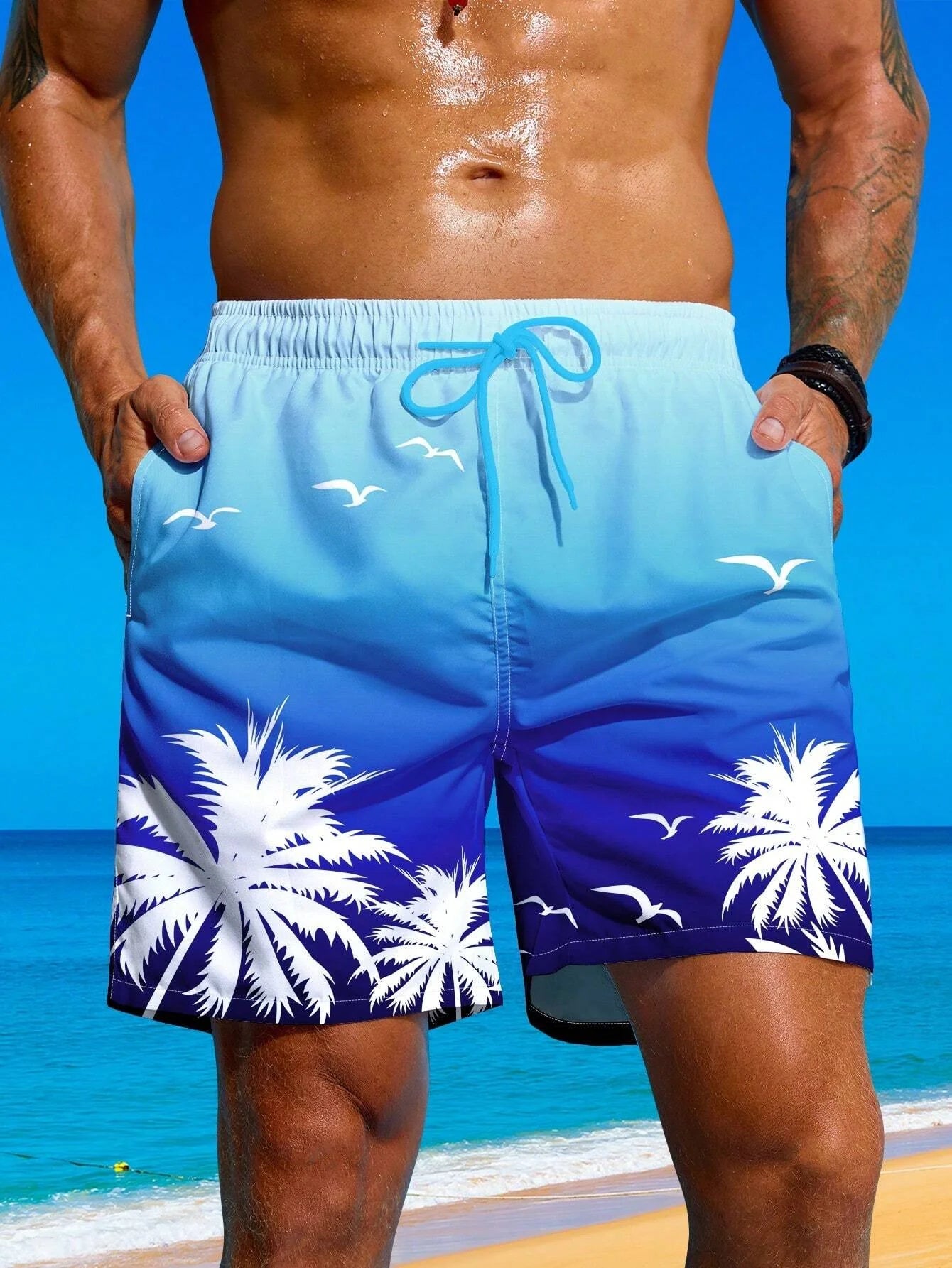 Herren Badeshorts mit Palmenmuster – Sommer Boardshorts mit Kordelzug | 3D Druck Atmungsaktive Strandshorts Streetwear Kaufschwan® Blau-Weiß L
