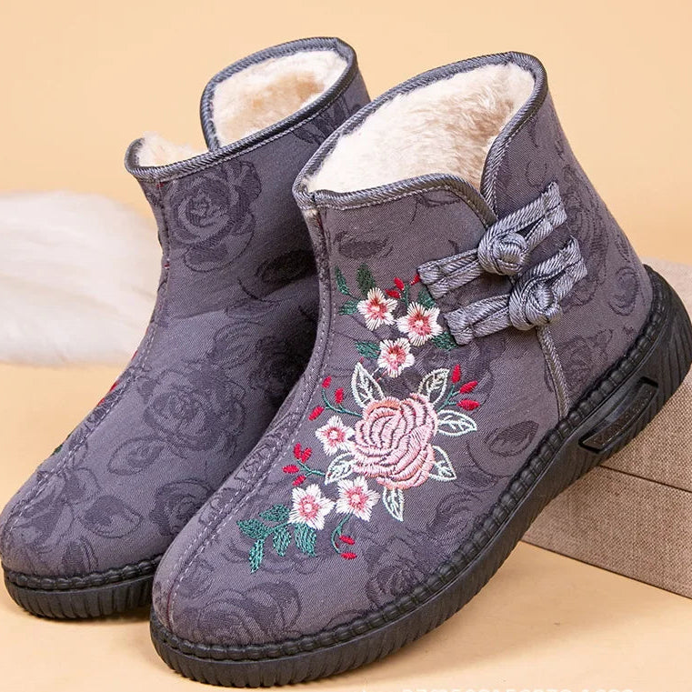 Damen Bestickte Schneestiefel – Mittelhohe Baumwollstiefel mit Kunstfell Fleece Futter | Warme Winter Schuhe für Mütter Kaufschwan®