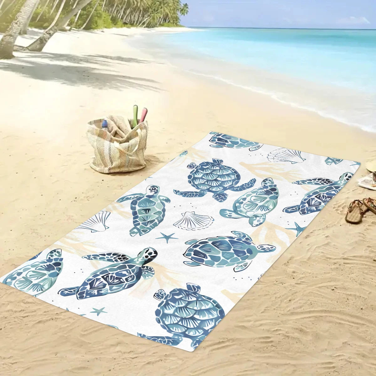Großes Strandtuch mit Ozean-Motiv – Schildkröte, Seestern & Muschel Print | Schnell Trocknendes Saugfähiges Mikrofaser Strandtuch Kaufschwan®