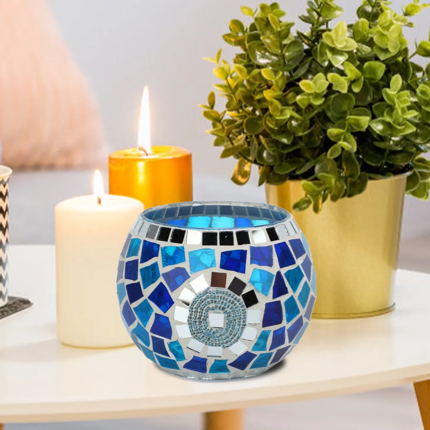 Teelicht Kerzenhalter – Europäischer Blau-Ozean Stil Mosaik Glas Kerzenständer für Zuhause & Party Dekoration Kaufschwan®