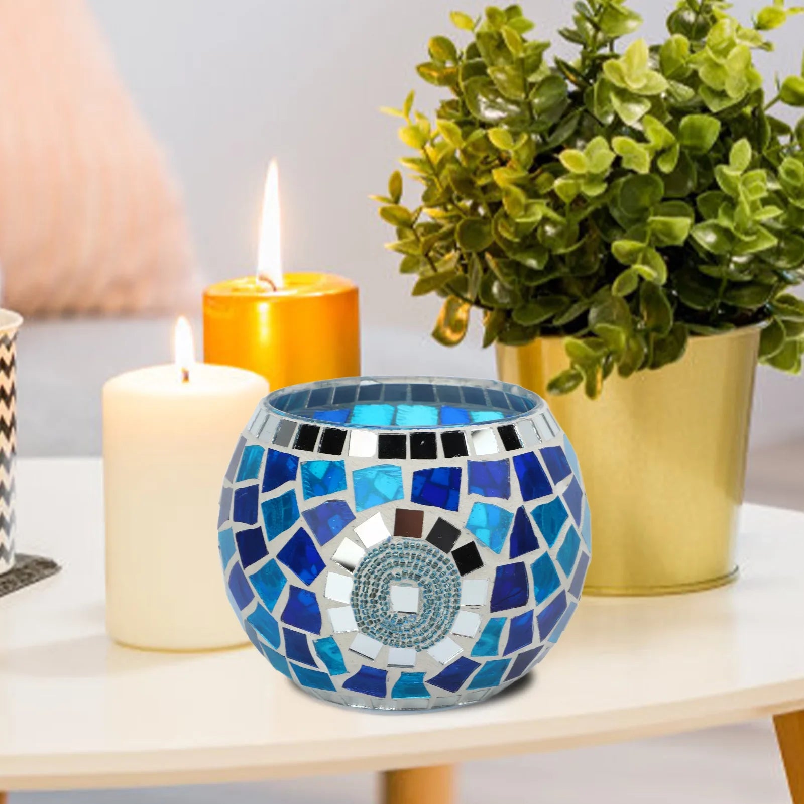 Teelicht Kerzenhalter – Europäischer Blau-Ozean Stil Mosaik Glas Kerzenständer für Zuhause & Party Dekoration Kaufschwan®