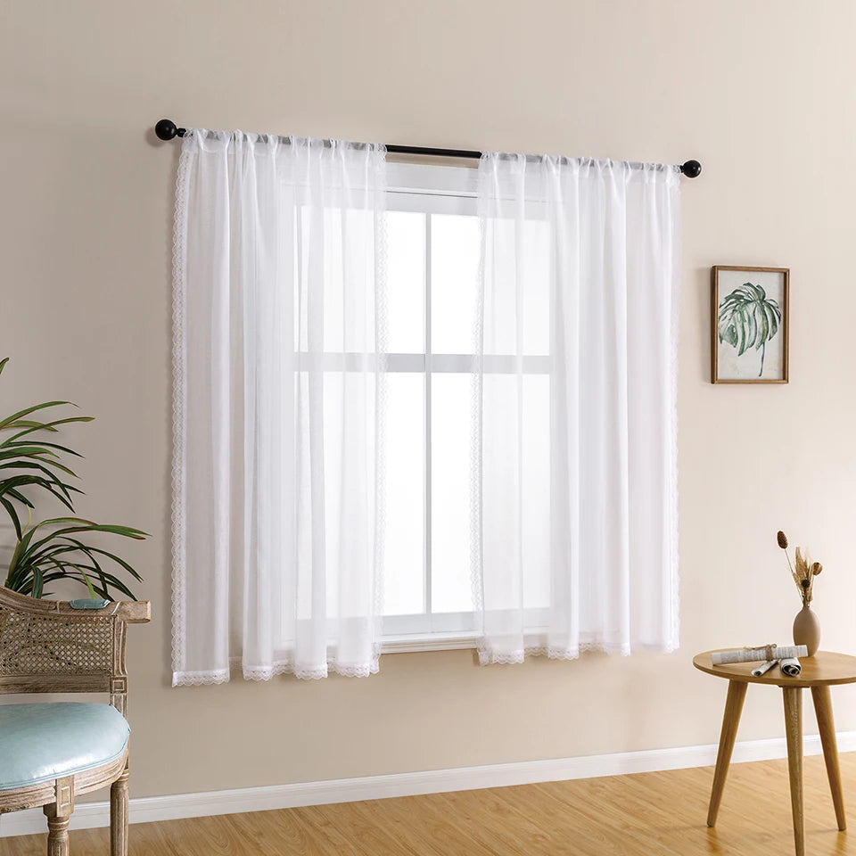 Kurzer Weißer Bestickter Spitzen Transparenter Vorhang Tüll Voile für Küche Schlafzimmer Fenster Kaufschwan®