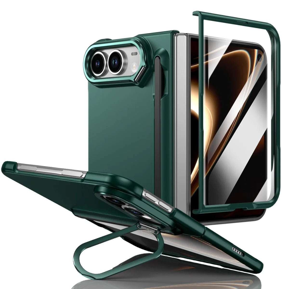 Schützende Klapphülle für iPhone Duo – Stoßfeste Hart-PC-Hülle mit Stifthalter, Displayschutz, Scharnierschutz und Metallständer Kaufschwan®