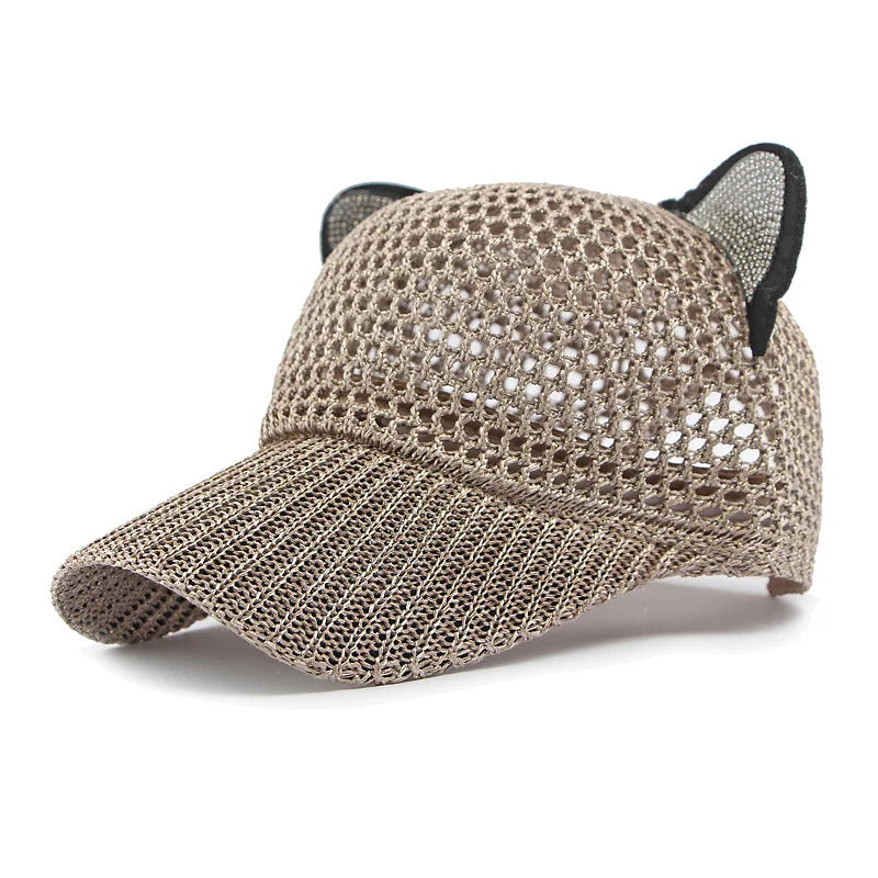 Damen Niedliche Katzenohren Mesh Baseballkappe | Verstellbare Sonnenschutz Baseballcap Kaufschwan® Braun