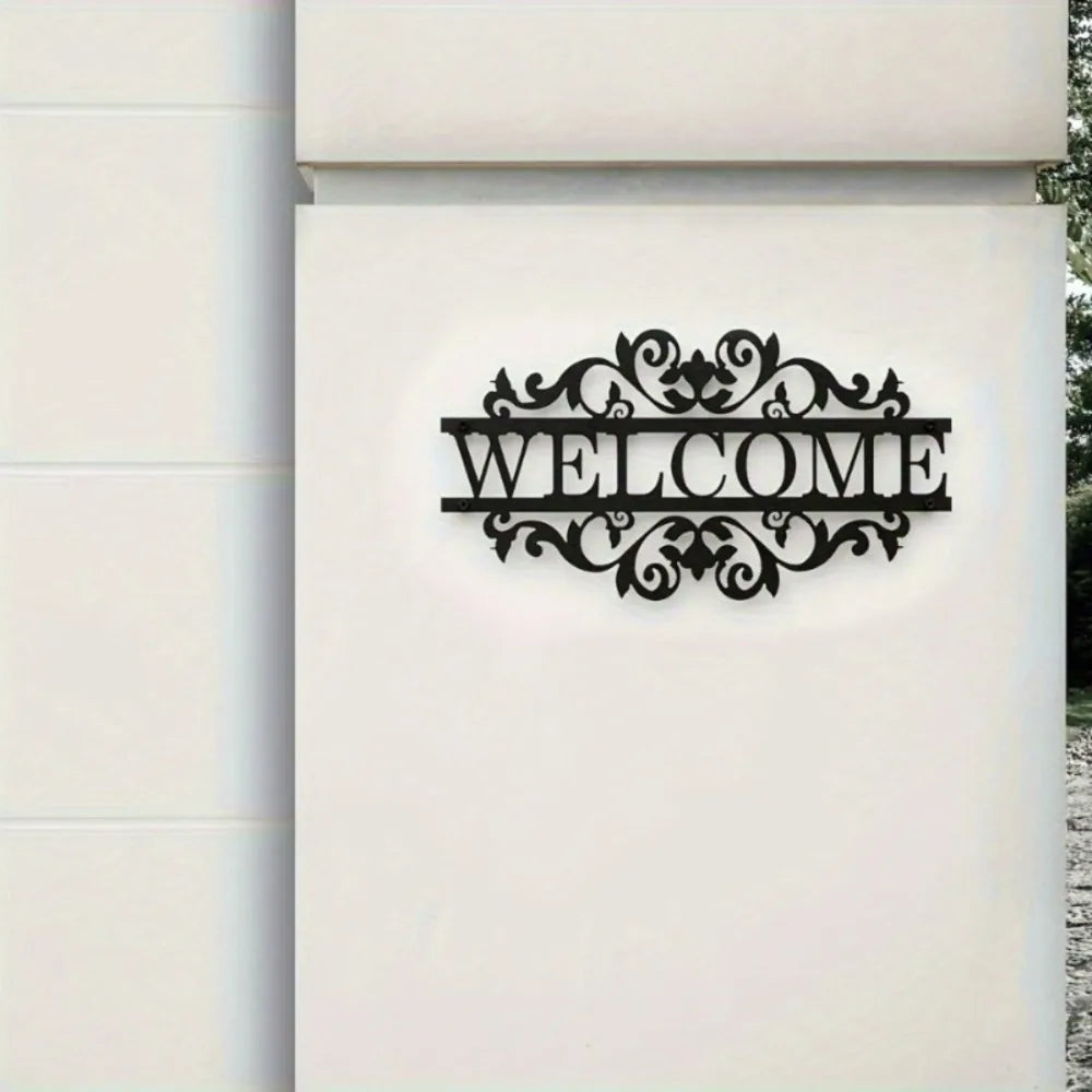 2D Flaches Schwarzes Metall Welcome Schild – Kranz Stil Schwerlast Deko Kaufschwan®