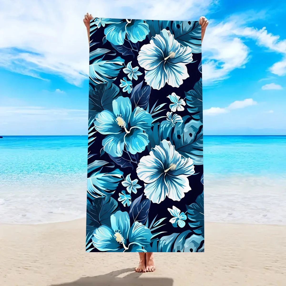 Tropisches Blumen Strandtuch – Schnell Trocknendes & Saugfähiges Mikrofaser Handtuch | Leichtes Reisehandtuch für Sport, Yoga, Schwimmen & Camping Kaufschwan® Blau-Weiß 150x75cm