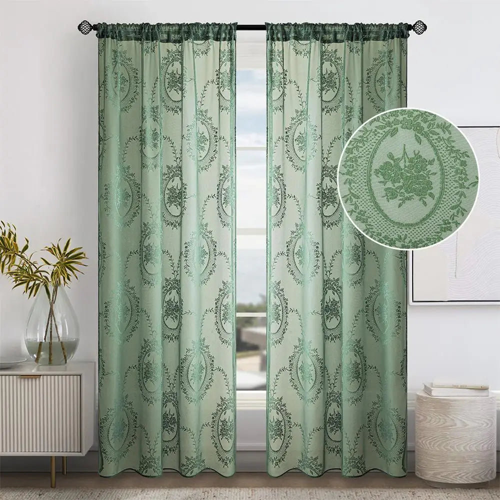 Floraler Bestickter Transparenter Vorhang mit Stangentasche für Wohnzimmer Schlafzimmer Balkon 2 Stück/Set Kaufschwan® Grün 140X244Cm