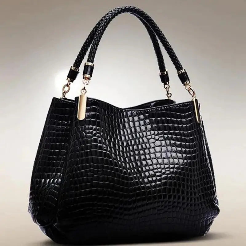 Große Damen Tote Tasche mit Kroko Print – Schultertasche für Pendeln & Shopping | Glänzende Alltagshandtasche Kaufschwan® Schwarz