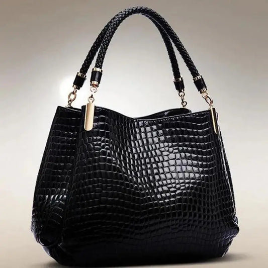 Große Damen Tote Tasche mit Kroko Print – Schultertasche für Pendeln & Shopping | Glänzende Alltagshandtasche Kaufschwan® Schwarz
